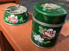 Cigarette Holder Set: Desktop Case & Ashtray, Vintage 2 pieces Green with Rose