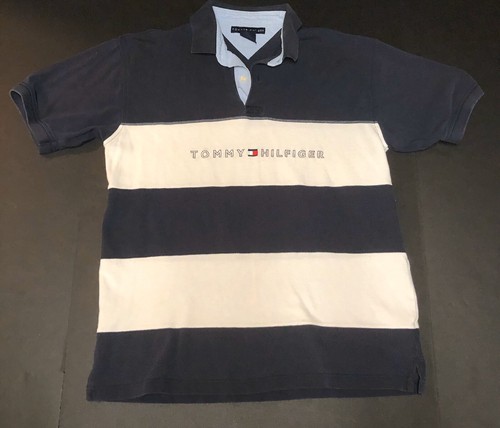 Vtg 90’s Tommy Hilfiger Men BOLD Stripe SPELL OUT Flag Hip Hop Polo Shirt Lg N19 - Picture 2 of 4