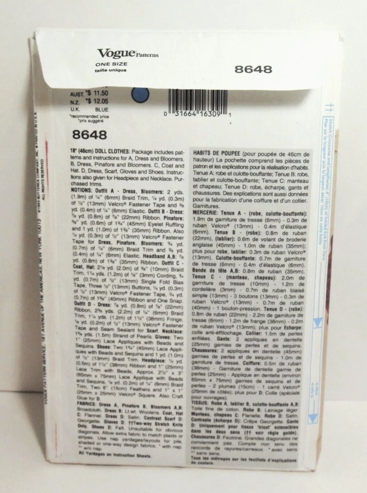 Vogue Sewing Pattern 8648 18" Doll Clothes Vintage Dress Outfits Shoes Coat OOP - Image 2 of 3
