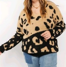 CY Fashion Sweater Woman 3X Leopard Colorblock V-Neck Southwestern Western Boho