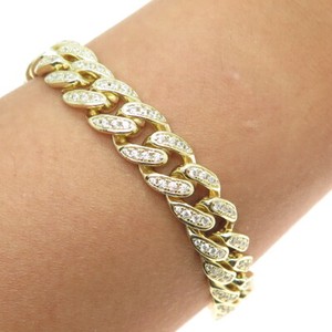 Authentic 925 Sterling Silver Gold Plated Round-Cut C Z Cuban Link Bracelet 8.5"