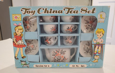 Vintage Sonsco Japan Toy China Tea Set Red Floral 13 Pc Original Box NEW