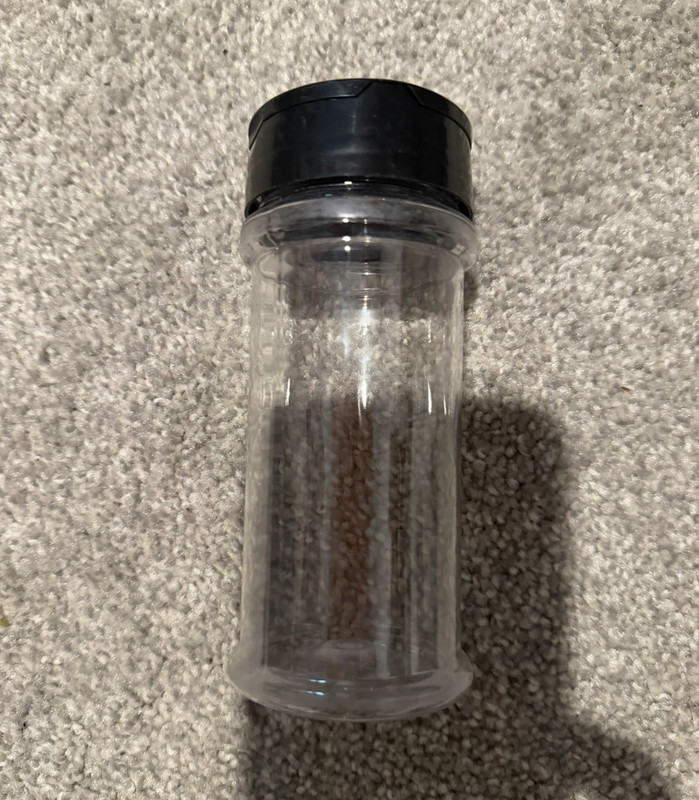 28 Clear Plastic Spice Jars w/ Black Lids, Freestanding Cylinder 5x2x2 in