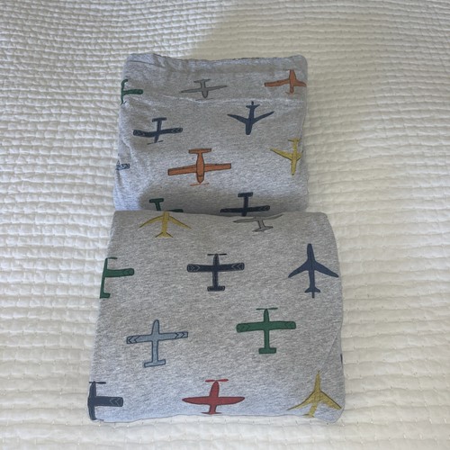 Pottery Barn Kids IN FLIGHT Organic Jersey FULL Sheets Flat/Fitted Airplane 2pc.