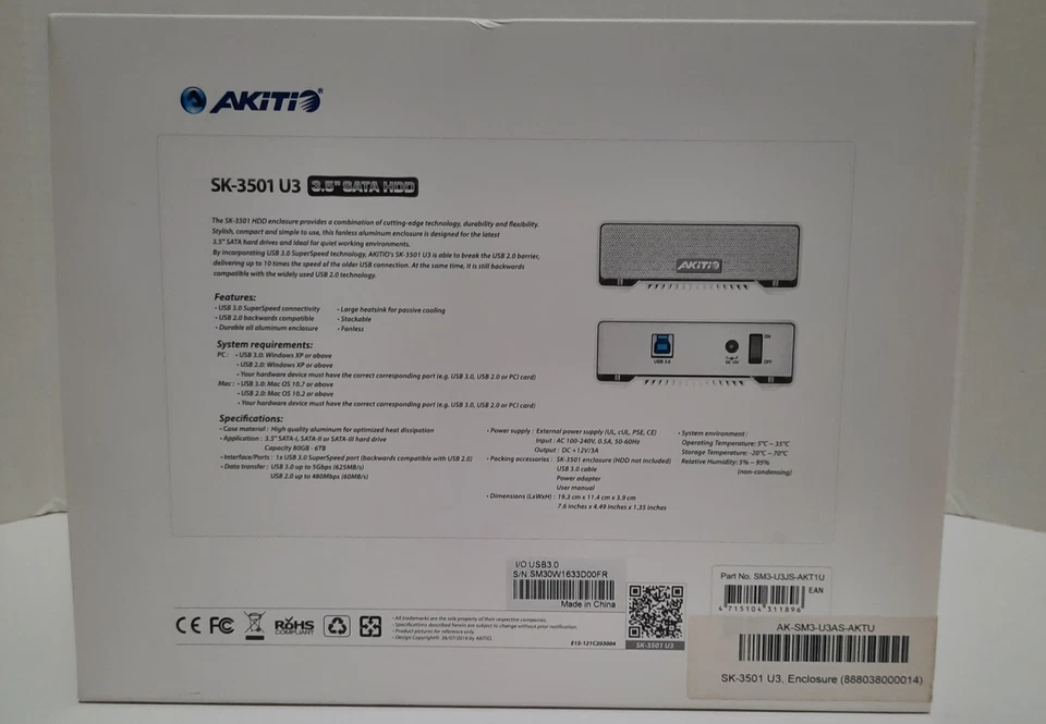 AkiTio SK-3501 U3 USB 3.0 3.5 External HDD Enclosure Aluminium Heatsink Win/Mac - Image 2 of 3