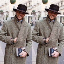 Herringbone Men's Long Overcoat Double Breasted Formal Winter Tweed Long Jacket