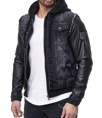  Cipo & Baxx Herren Jeans Jacke Kunstleder Ärmel Style Streetwear Gr. S 