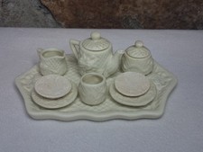 Miniature White Bisque Raised Rose Porcelain Tea Set w/ Tray