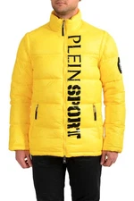 Plein Sport Men's Yellow Logo Print Zip Up Parka Vest With Detachable Sleeves