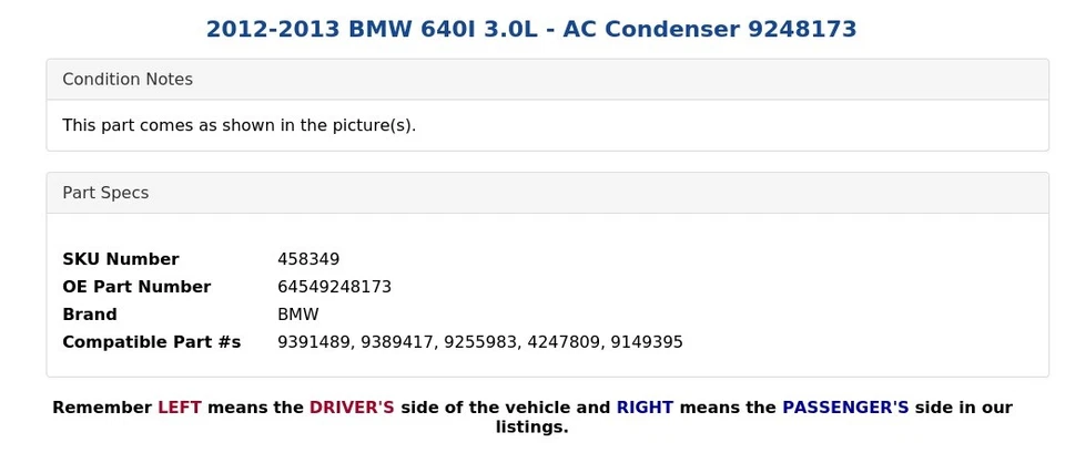 BMW 640I 2012-2013 3,0 L - Condensador de CA 9248173 Foto 4 de 4