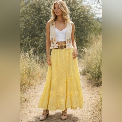 Metro Wear Vintage Sunny Yellow Cotton Floral Embroidered Boho Maxi Skirt Size S