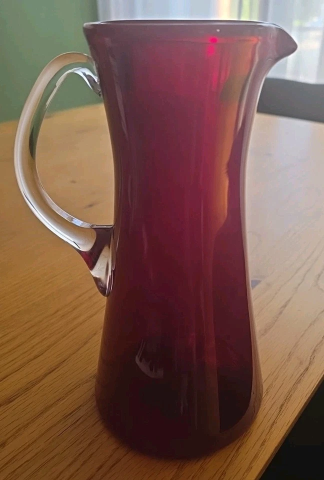 Superb Vintage Red Ruby Hand Blown Glass Pitcher Jug With Clear Handle. EC - Image 4 of 4