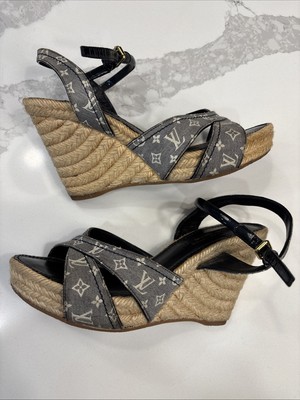 Louis Vuitton Blue White Denim Monogram Espadrille Wedges Sandals 36.5