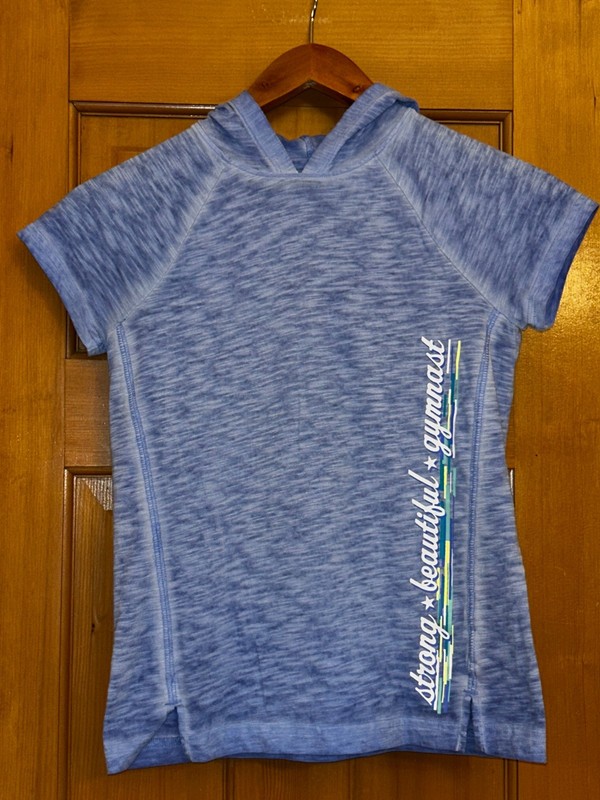 Girls' Size 12 So Short Sleeve Hooded Shirt, Says "strong beautiful gymnast"