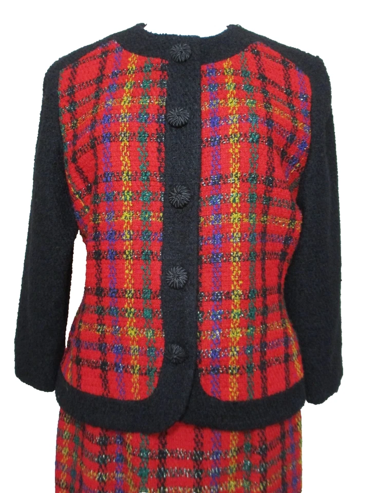 Conjunto de traje chaqueta y falda OSCAR DE LA RENTA rojo negro tweed talla 12 para mujer Foto 2 de 4