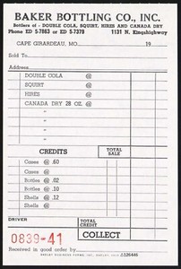 Vintage receipt BAKER BOTTLING Double Cola Squirt Hires Cape Girardeau Missouri