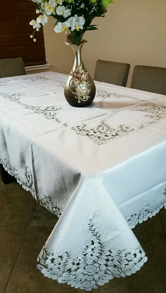 Embroidered Cutwork Peacock Embroidery Tablecloth Napkin 72x126" Elegant Linen - Image 2 of 4