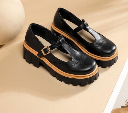 Scarpe ufficiali donna retrò suola spessa tacco quadrato fibbia bocca bassa cinturino a T - Foto 1 di 27