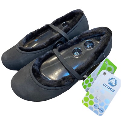 CROCS NANOOK Slip On Shoes Mary Jane Fuzz Collection Lined Girls J3/5 Black NWT