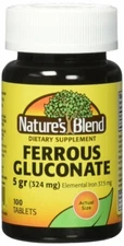 Nature's Blend Ferrous Gluconate 324mg 100ct Tablets -Expiration Date 06-2026