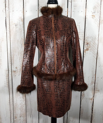 Leather Croc Embossed 2PC Suit Jacket Skirt Sz 6 Mob Wife Faux Fur Trim Corset 