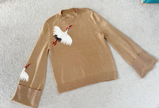 Ladies Embroidered Crane Wide Cuffs Knit Sweater Jumper  Size L