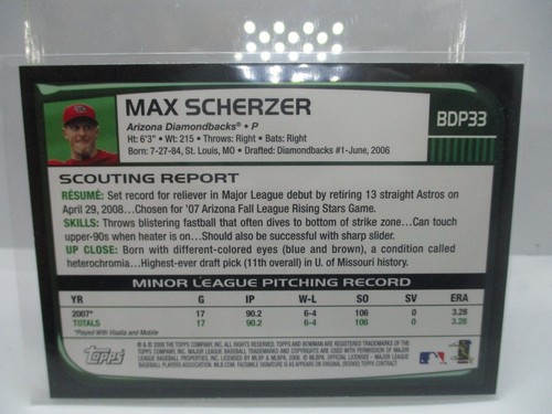 2008 Bowman Draft #BDP33 Max Scherzer RC DBACKS - Picture 2 of 2