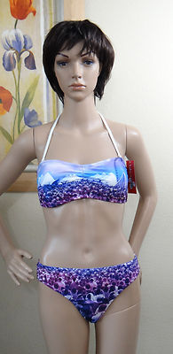 THE BIKINI LAB purple crowd scene bandeau/halter swim top & tab hipster pant,L