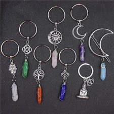 8pcs Natural Quartz Crystal Hexagonal Chakra Pendulum Stone Key Chain Jewelry