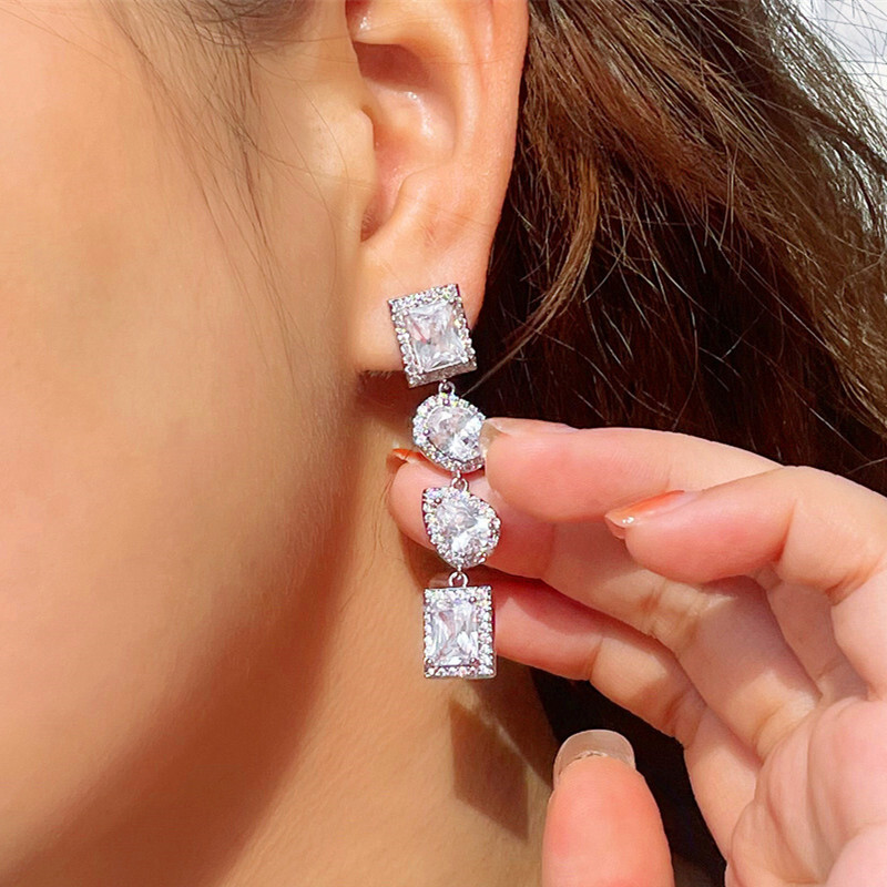 Women Elegant Silver Plated Geometrical Cubic Zirconia Long Dangle Drop Earrings