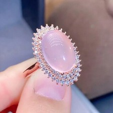 New Oval Hemisphere Pink Rose quartz Gemstone Charming Women Girl Rose Gold Ring