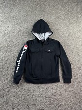 Champion Hoodie Boys Medium Black White Script Spellout Full Zip Sweatshirt Kid