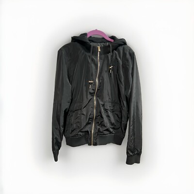 Ashley by 26 International Black Satin Hooded Bomber Jacket Double Zipper 