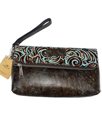 Patricia Nash Valerie Turquoise Tooled Leather Fold Over Clutch Wristlet New