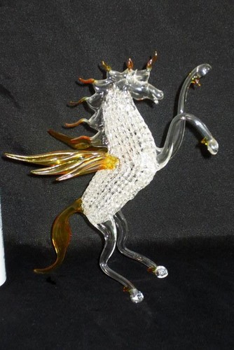 9" Tall Spun Glass Rearing Pegasus Horse Figurine w/ Blown Glass Orange Wings - Picture 4 of 8