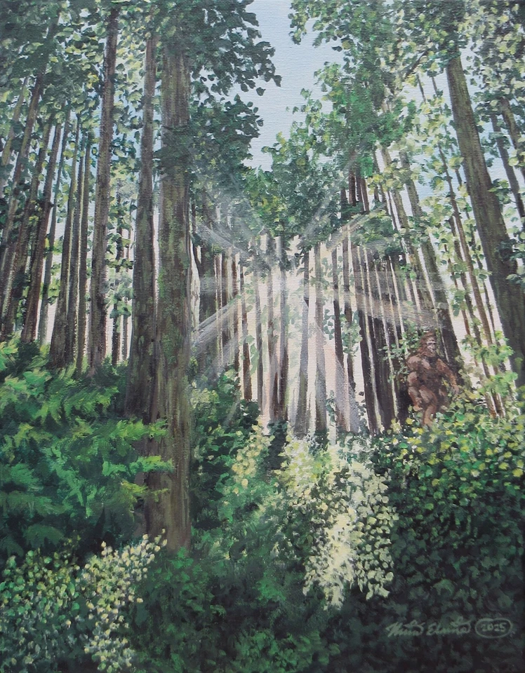 Sasquatch Country, pintura acrílica, naturaleza, bosque, bigfoot, obra de arte original Foto 4 de 4