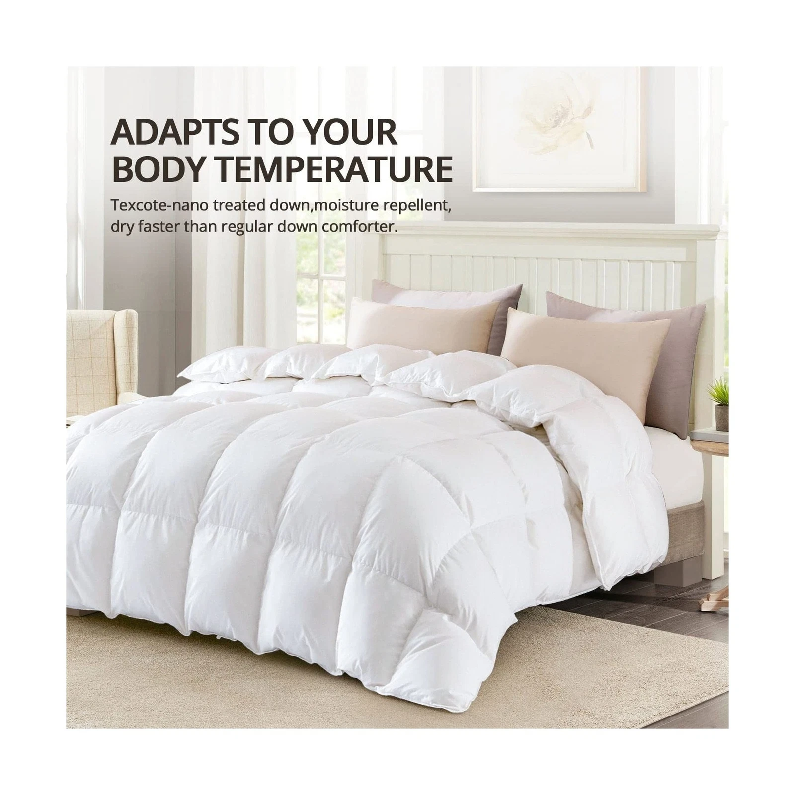 Globon Winter White Goose Down Comforter Queen Size,Down Duvet Insert,800 Fill Power,420 Thread Count Ultra Soft Noiseless Shell with Corner Tabs,White - Thumbnail 5