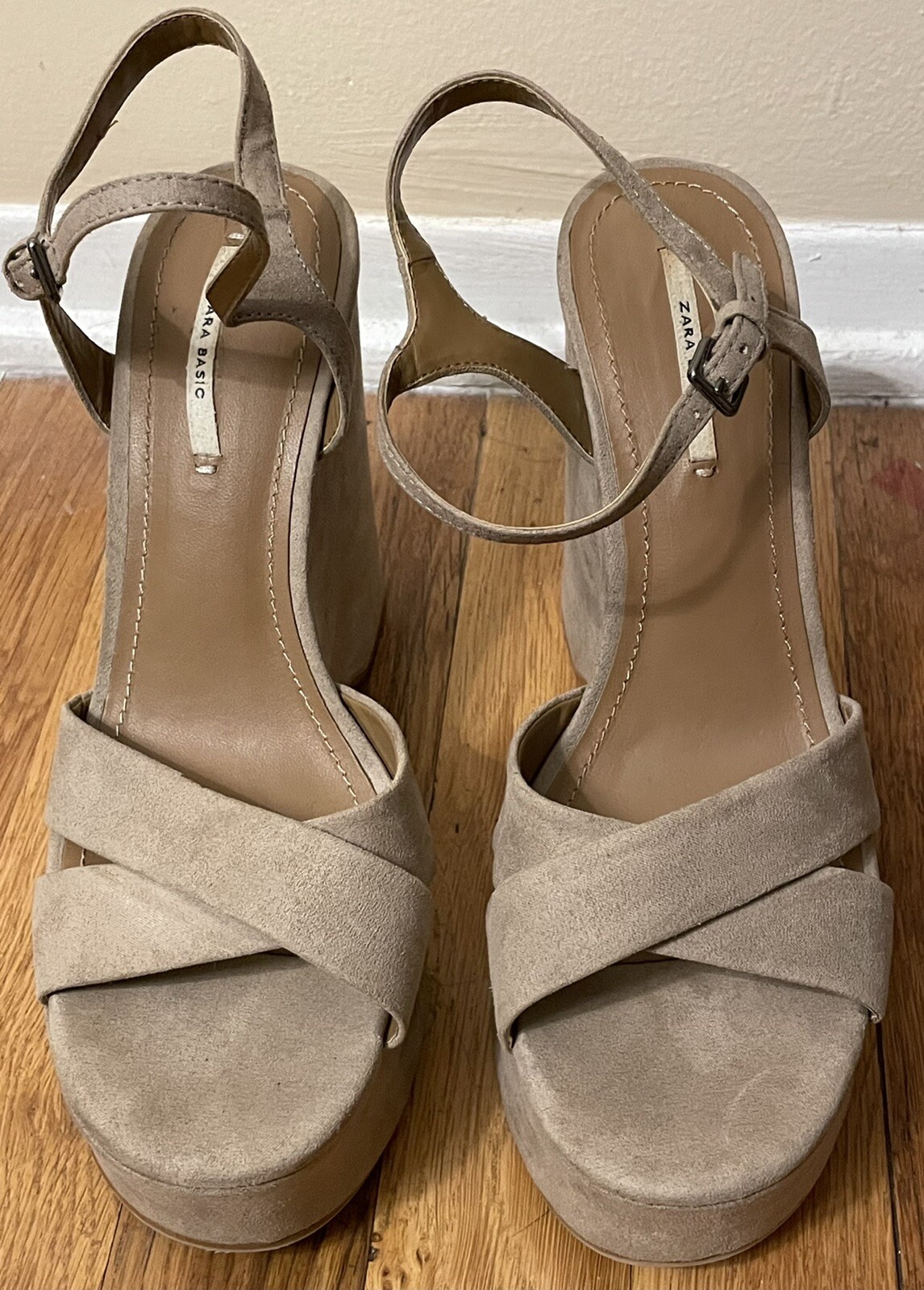 ZARA BASIC beige tan ultra suede strappy wedges w… - image 1