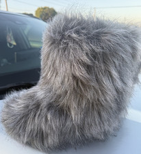 Gray Faux Fur Bootie Slippers Women  s Solid Slip On Flat Winter Casual
