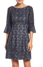 Eliza J Navy Blue Lace Fit & Flare Dress w/Pockets Size 14 Bell Sleeves Wedding