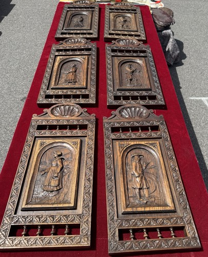 Set 6 sculture francesi pannelli legno rovere intagliato arte popolare bretone 1900 circa