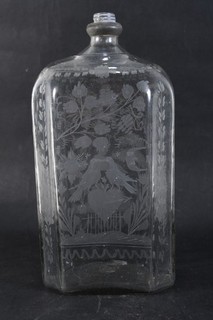 O80X66 Liqueur Bottle Glass Baroque Ornament Etched with Pewter Fitting 18th Century