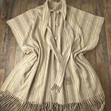 Vintage Wool Handmade Poncho Cape Striped Beige Button Fringe Shawl Wrap