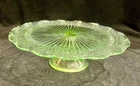 Green Depression Glass Uranium Footed Cake Pedestal Stand Plate 12" - UV Glow