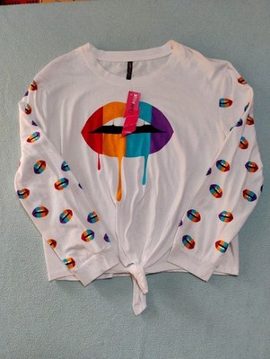 ELECTRIC PINK Women’s T-Shirt Size L Tie Front Pride Lips Multi Color ...