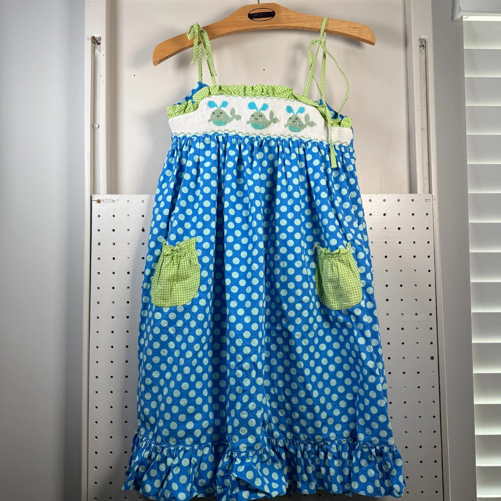 Mom & Me Flare Dress Girls Size 8 Blue Polka Dots Pleated Summer Wear Ruffle
