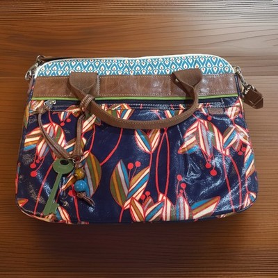 FOSSIL Key Per Canvas Coated Glossy Floral Padded Messenger Laptop Bag Navy
