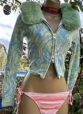 HOUSE OF SUNNY CYPRESS PEGGY CARDIGAN Cucumber Vol 18 UK 8 Button On Fur Collar