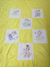 Vintage Handmade Kitty Cat Playing Embroidered Quilt Yellow Kids Crib Blanket