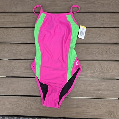 TYR Women's Nylon Neon Pink/green Diamondfit 1 Pc Swimsuit Size 36  NEW 